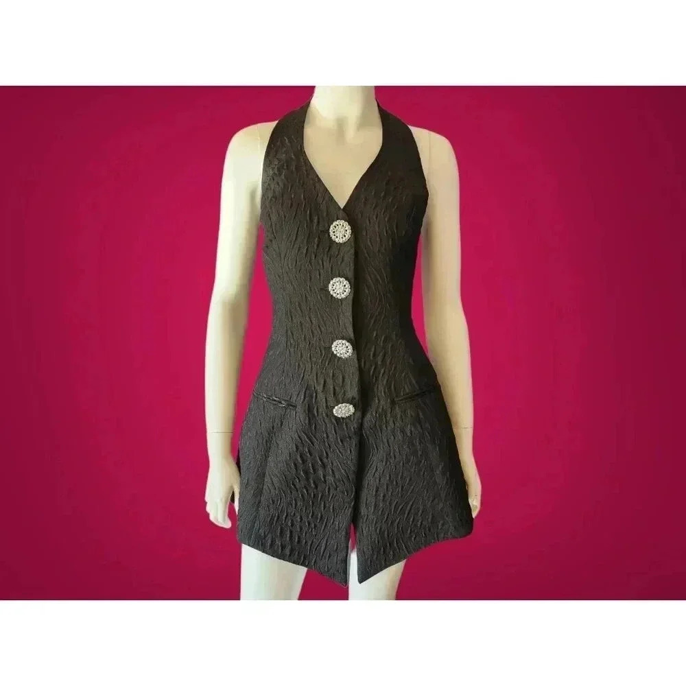 Vintage 80s Embossed Black Satin Halter Top / Mini Dress M